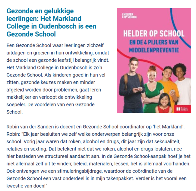 Artikel over Gezonde School voor de nieuwsbrief naar scholen